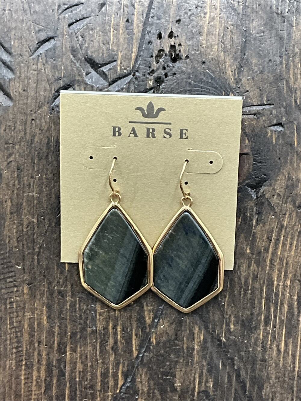Barse Geometric Drop Earrings- Blue Tigers Eye- Bronze- NWT